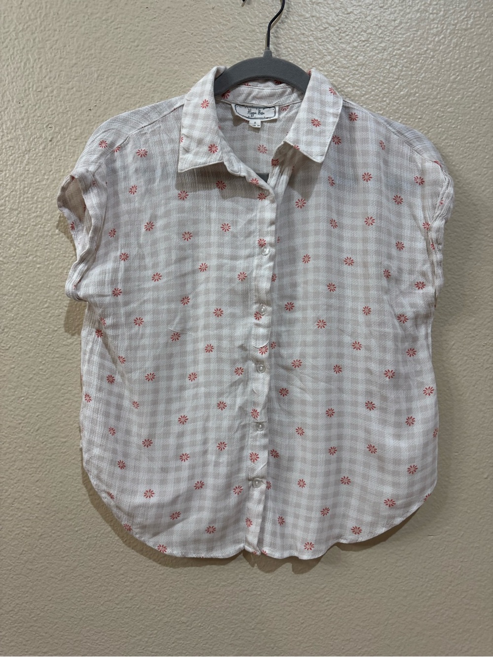 Hippie Rose Plaid Gingham Button Down Top with Red Floral Print - Size S